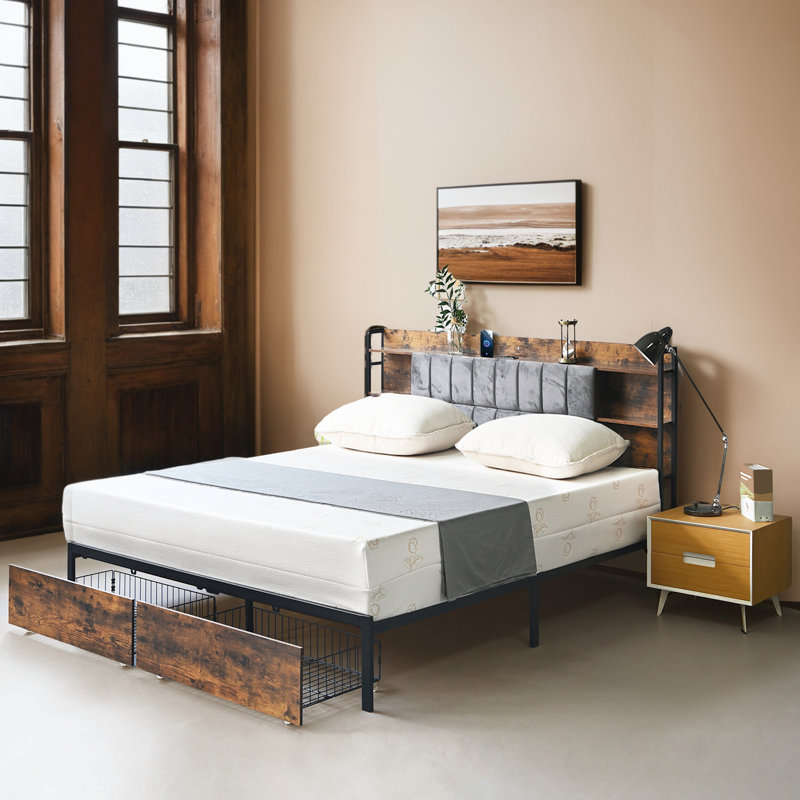 17 Stories Bed Frame with Headboard Storage Bookcase Charging Station LED Lights Gray. 17 Stories Size King